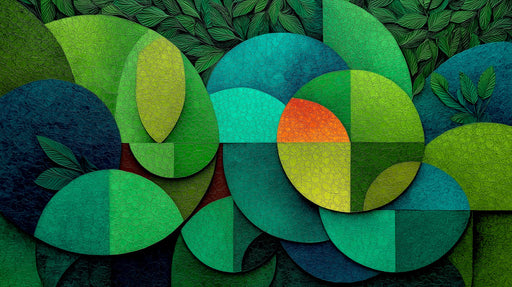 Abstract wallpaper pattern with overlapping green circles, etched textures, and a single orange segment in a botanical style