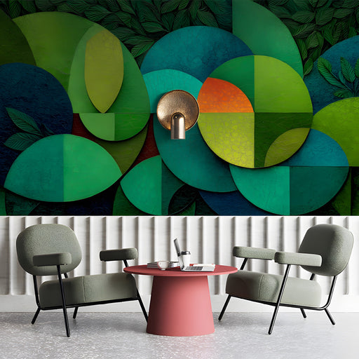Contemporary office space with circular botanical wallpaper and minimalist lighting