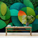 Modern study room featuring the green circle mural behind a velvet sofa for a bold statement