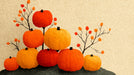 A decorative wallpaper mural featuring clusters of pumpkins in orange and yellow with thin branches on an oatmeal background.