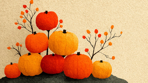 A decorative wallpaper mural featuring clusters of pumpkins in orange and yellow with thin branches on an oatmeal background.