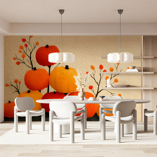 A cozy meeting featuring a seasonal autumn pumpkin wall mural behind a rustic wooden farmhouse table.