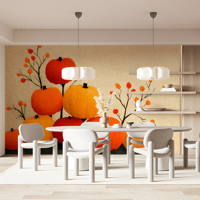 A cozy meeting featuring a seasonal autumn pumpkin wall mural behind a rustic wooden farmhouse table.