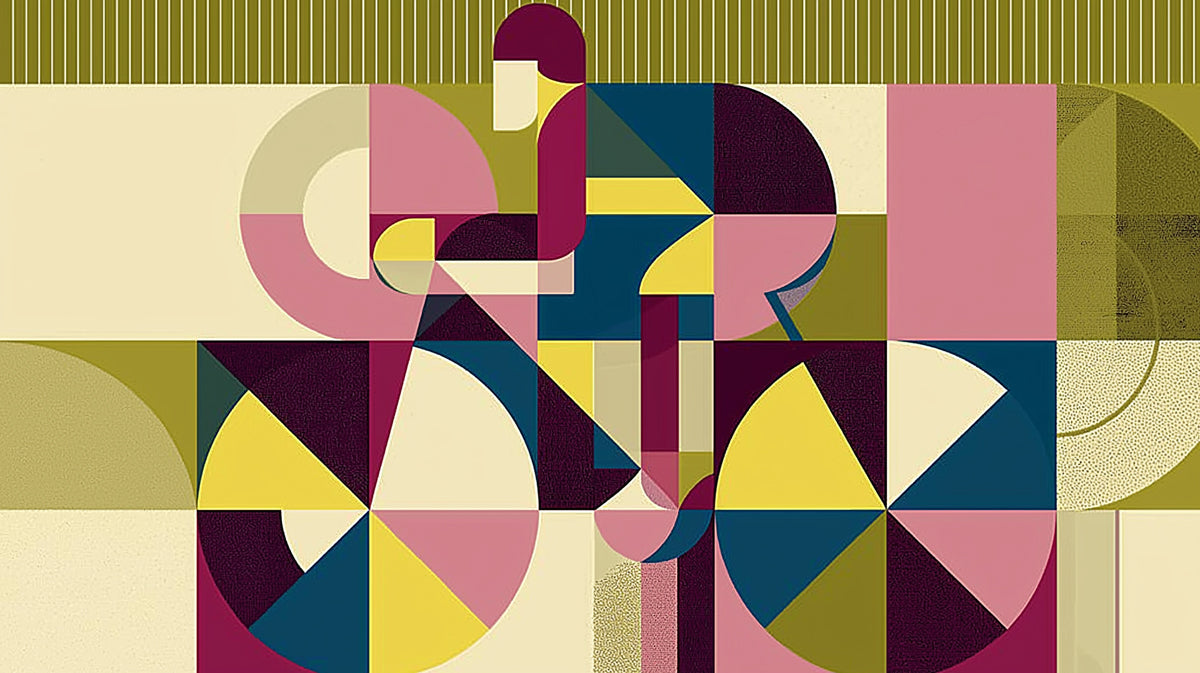 Geometric mural wallpaper featuring a cyclist in ochre yellow, forest green, navy, and rose tones.