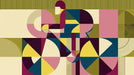 Geometric mural wallpaper featuring a cyclist in ochre yellow, forest green, navy, and rose tones.