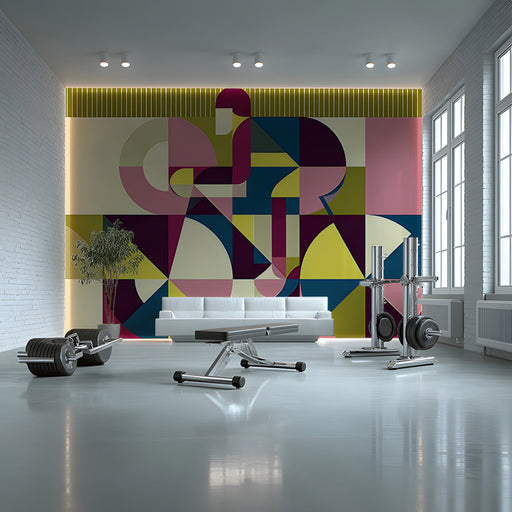 Mid-century modern wallpaper pattern in a bright, eclectic Gym setting.