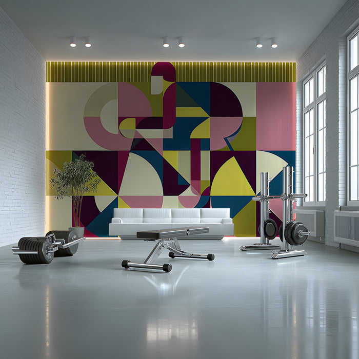 Mid-century modern wallpaper pattern in a bright, eclectic Gym setting.