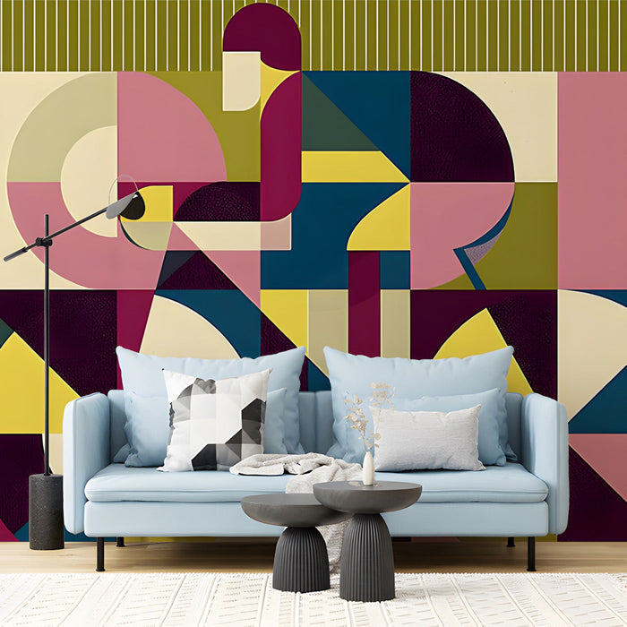Geometric cyclist wall mural in a modern living room with minimalist wooden furniture.