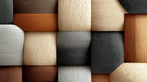 Abstract wallpaper pattern with 3D-effect geometric blocks in charcoal, cream, and terracotta with a fibrous texture.