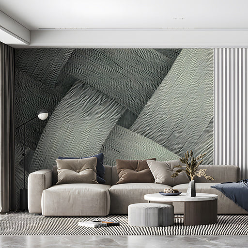 Contemporary living room with a linear woven mural providing a backdrop for velvet furniture