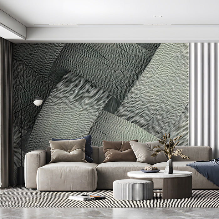 Contemporary living room with a linear woven mural providing a backdrop for velvet furniture
