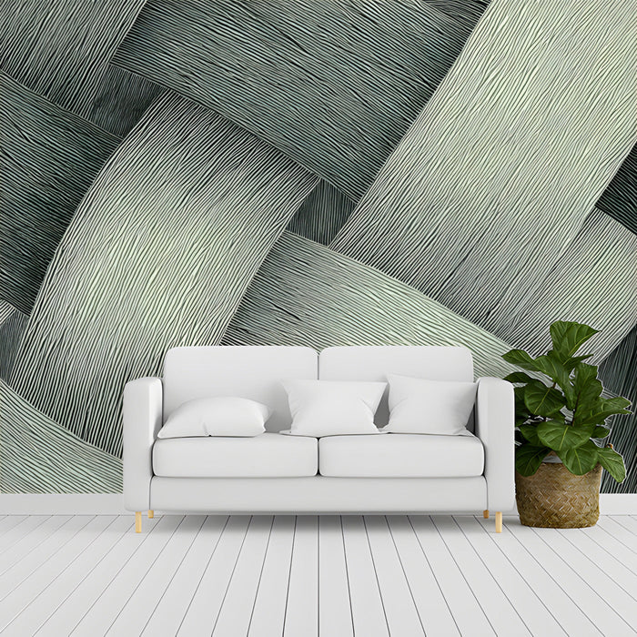 Modern entryway with a monochrome woven texture mural behind a minimalist oak desk