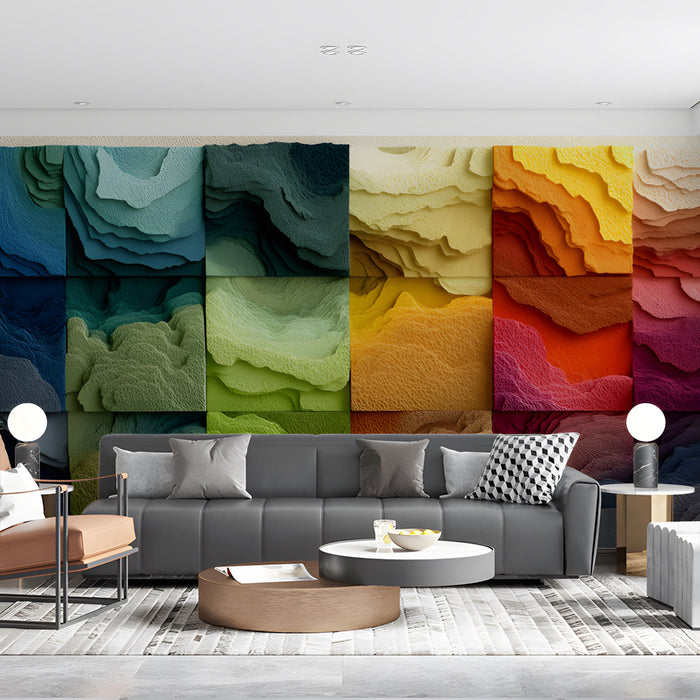 A contemporary living room with the abstract multi-colored mural, paired with minimalist furniture and warm lighting.