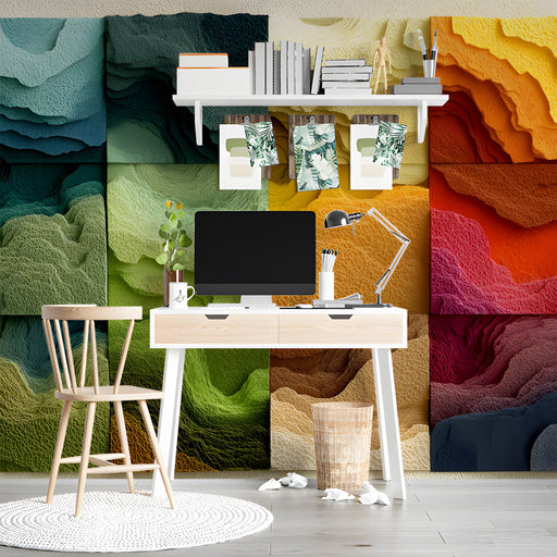 A modern study featuring the colorful topographic mural as a striking accent behind a grey velvet sofa.