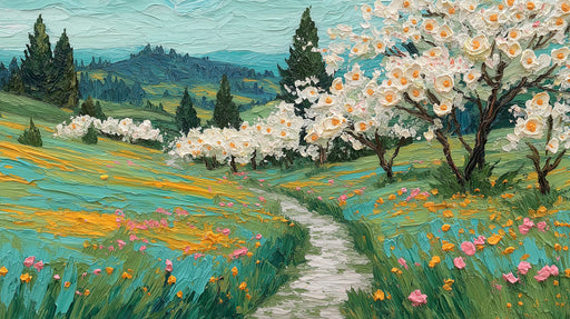 Oil painting style wallpaper showing a winding path through a meadow with white blooming trees and wildflowers.