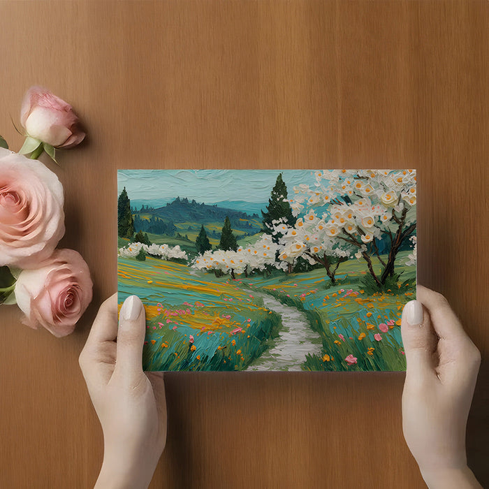 Dining room wall mural depicting a vibrant spring landscape with textured brushstrokes.