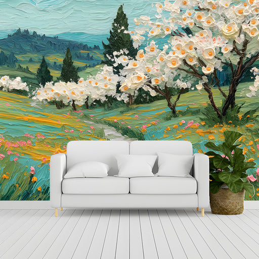 Entryway wall behind a wooden headboard showing a sprawling countryside path and floral trees.