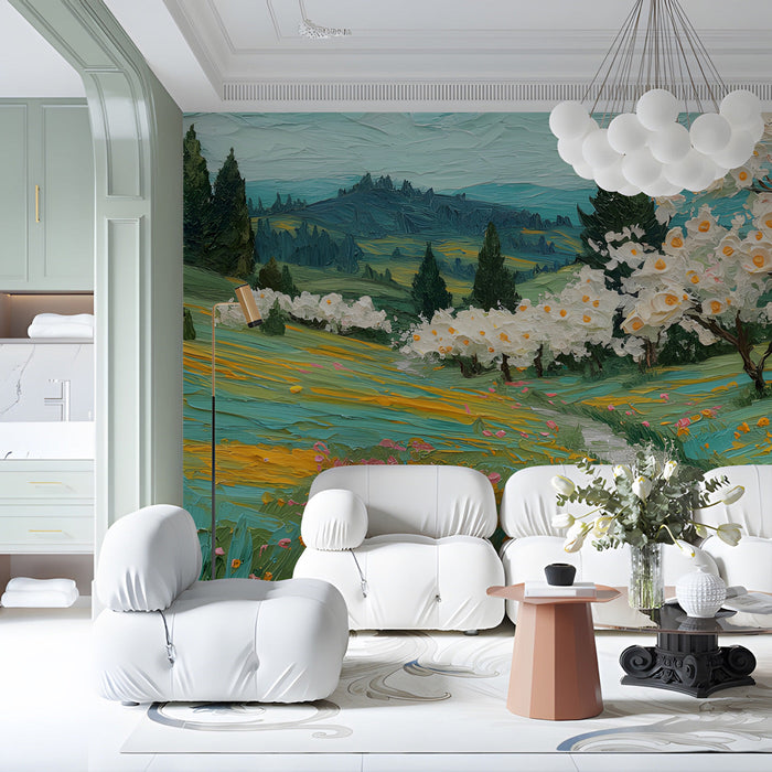 Living room featuring an impressionist meadow landscape mural behind a minimalist beige sofa.