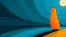 Stylized ginger cat gazing at a moon against a deep blue gradient background with stippled texture