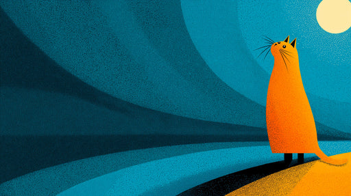 Stylized ginger cat gazing at a moon against a deep blue gradient background with stippled texture