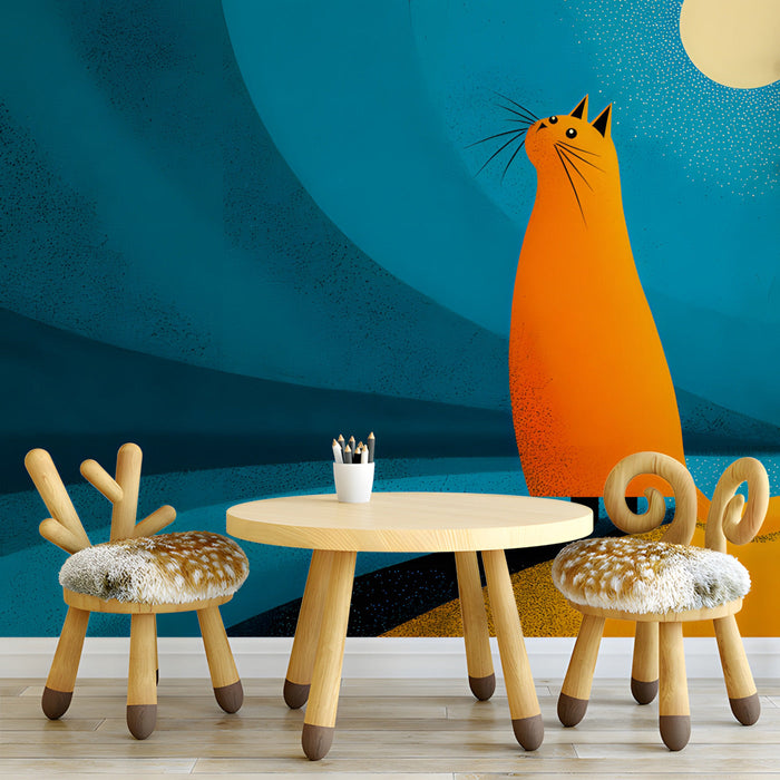 Whimsical cat wall mural installed in a modern nursery with mid-century wood furniture