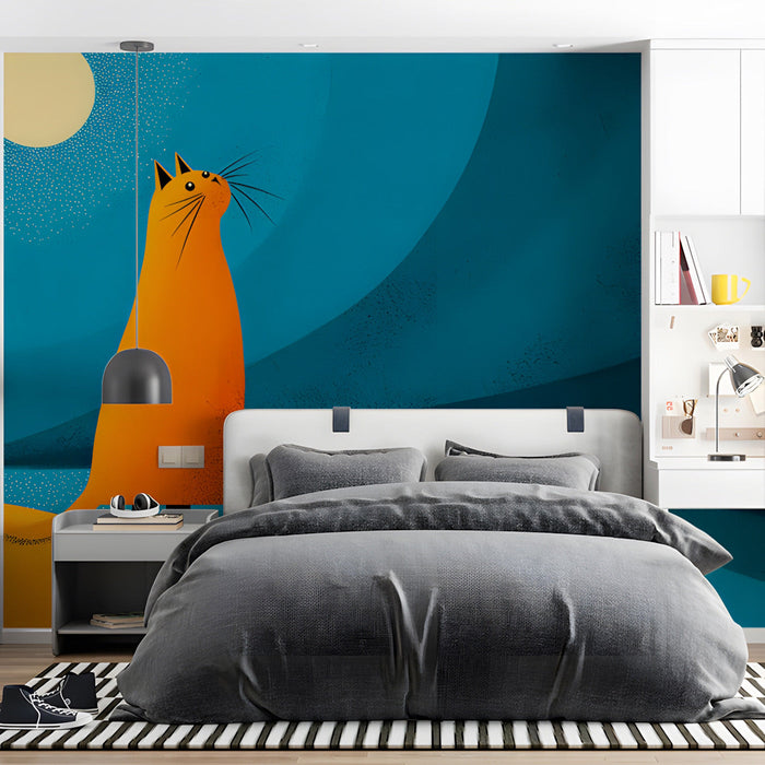 Ginger cat art wallpaper feature wall in a colorful bedroom