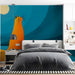 Ginger cat art wallpaper feature wall in a colorful bedroom