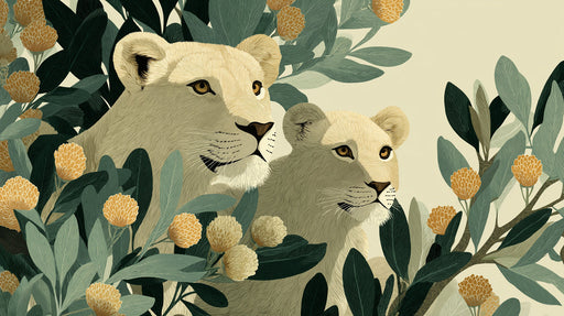 An illustrated mural showing two lionesses nestled among dark green leaves and golden protea flowers on an off-white background.