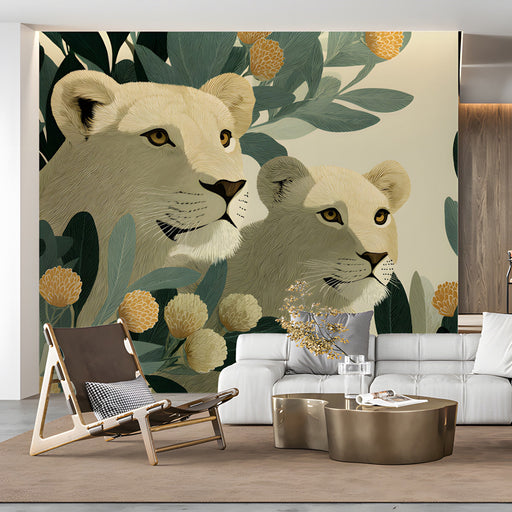 A bright, modern living room with a feature wall displaying a lioness illustration amidst green foliage and floral blooms.