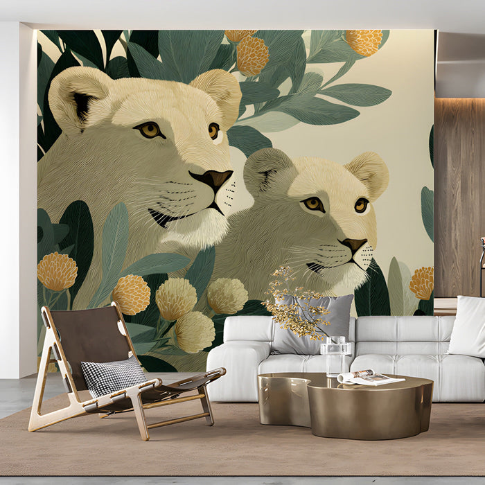 A bright, modern living room with a feature wall displaying a lioness illustration amidst green foliage and floral blooms.