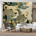 A bright, modern living room with a feature wall displaying a lioness illustration amidst green foliage and floral blooms.