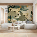 A sophisticated living room featuring a lioness and protea wall mural behind a neutral upholstered bed.