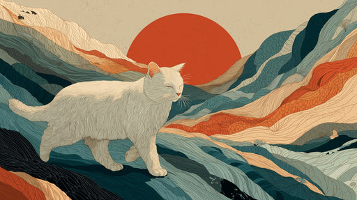 A white cat walking through stylized mountains in teal, orange, and gray with a large burnt orange sun backdrop