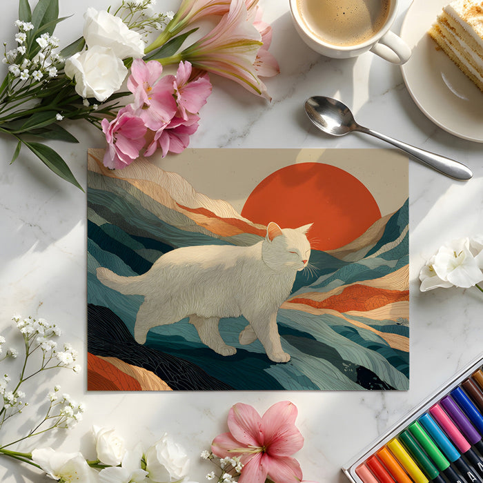 Bedroom wall decor showing a serene cat landscape mural behind a minimalist wooden headboard