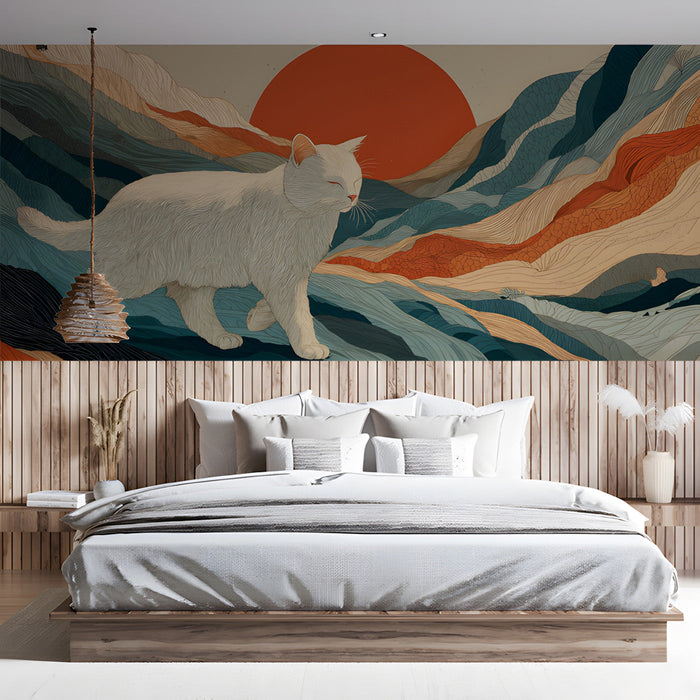 Bedroom interior featuring an artistic cat mountain mural behind a mid-century modern sofa