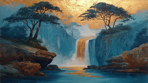 Impressionistic oil painting style mural of a waterfall with gold leaf highlights and deep blue rocky cliffs