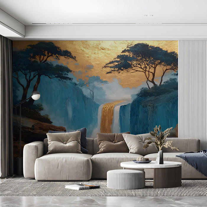 Luxurious gold and blue waterfall wallpaper installed in a formal living room with soft ambient lighting