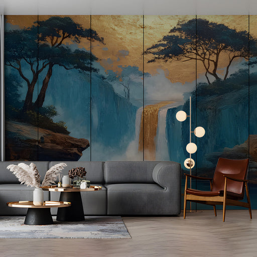 Waterfall landscape mural installed behind a modern minimalist bed in a tranquil living room suite