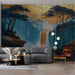 Waterfall landscape mural installed behind a modern minimalist bed in a tranquil living room suite