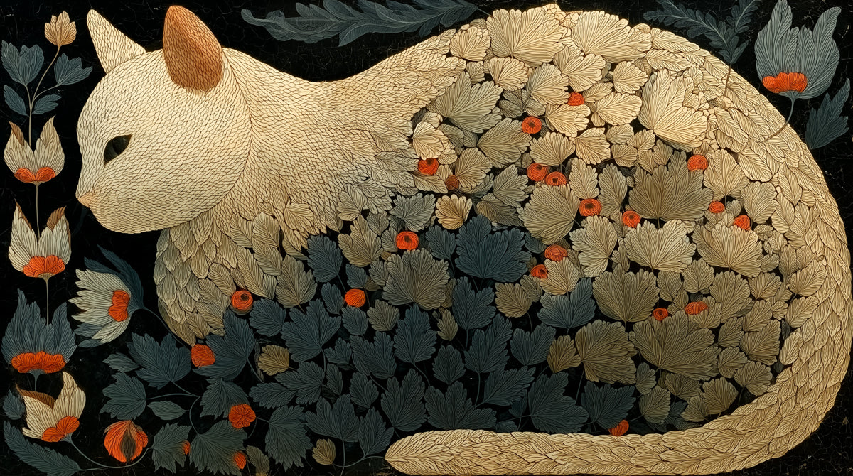 Ornate cat botanical mural with ochre leaves, slate blue foliage, and coral berries on an obsidian background.