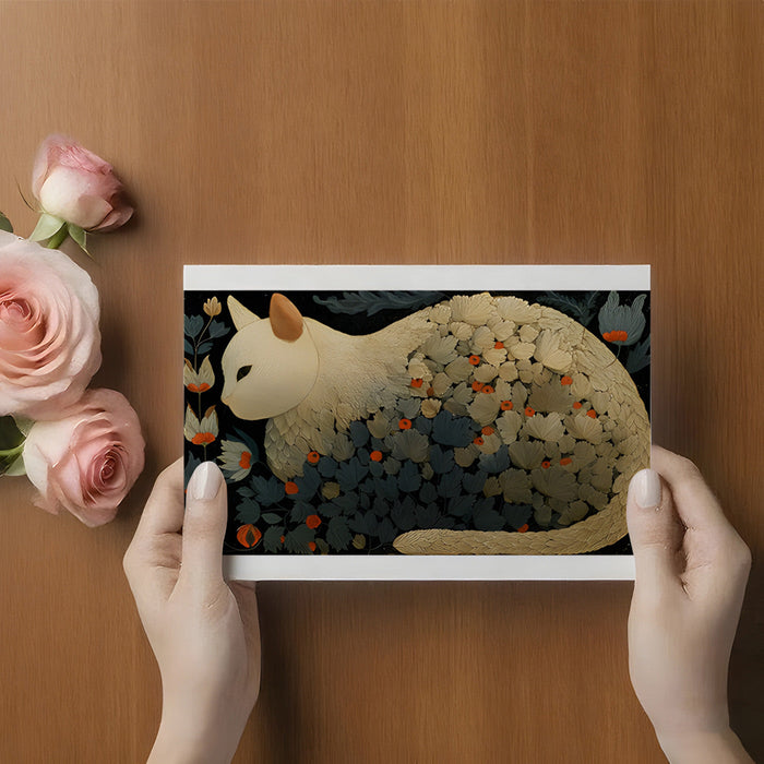Elegant feline-themed floral wall mural as a bedroom feature wall.