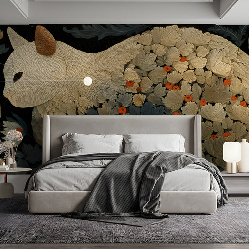 Artistic cat and plant pattern mural in a sophisticated boutique bedroom.