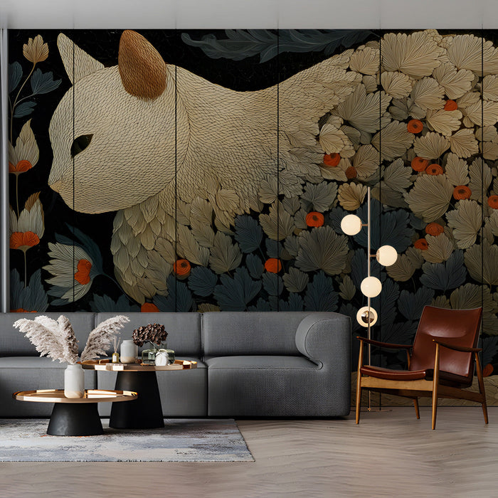 Dark botanical cat wallpaper installed in a cozy home library with a reading chair.