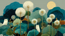 Dandelion meadow pattern featuring white cats, teal foliage, and a golden sun on a gray background.