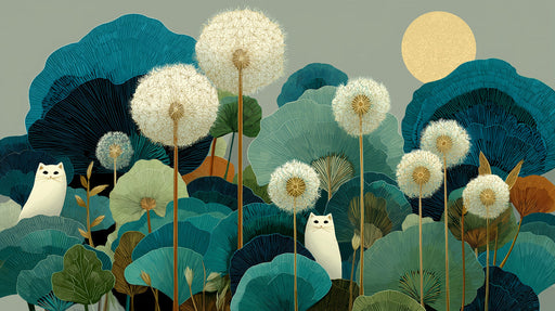 Dandelion meadow pattern featuring white cats, teal foliage, and a golden sun on a gray background.