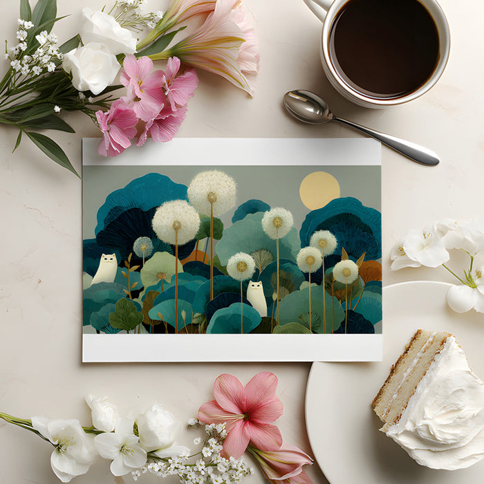 A bright, modern home office space with a whimsical dandelion forest mural.