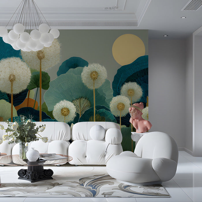 A serene commercial space with a playful cat and floral nature mural on the wall.