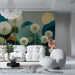 A serene commercial space with a playful cat and floral nature mural on the wall.