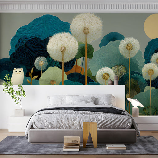 A cozy nursery featuring a dandelion and cat mural on the main accent wall.