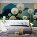 A cozy nursery featuring a dandelion and cat mural on the main accent wall.